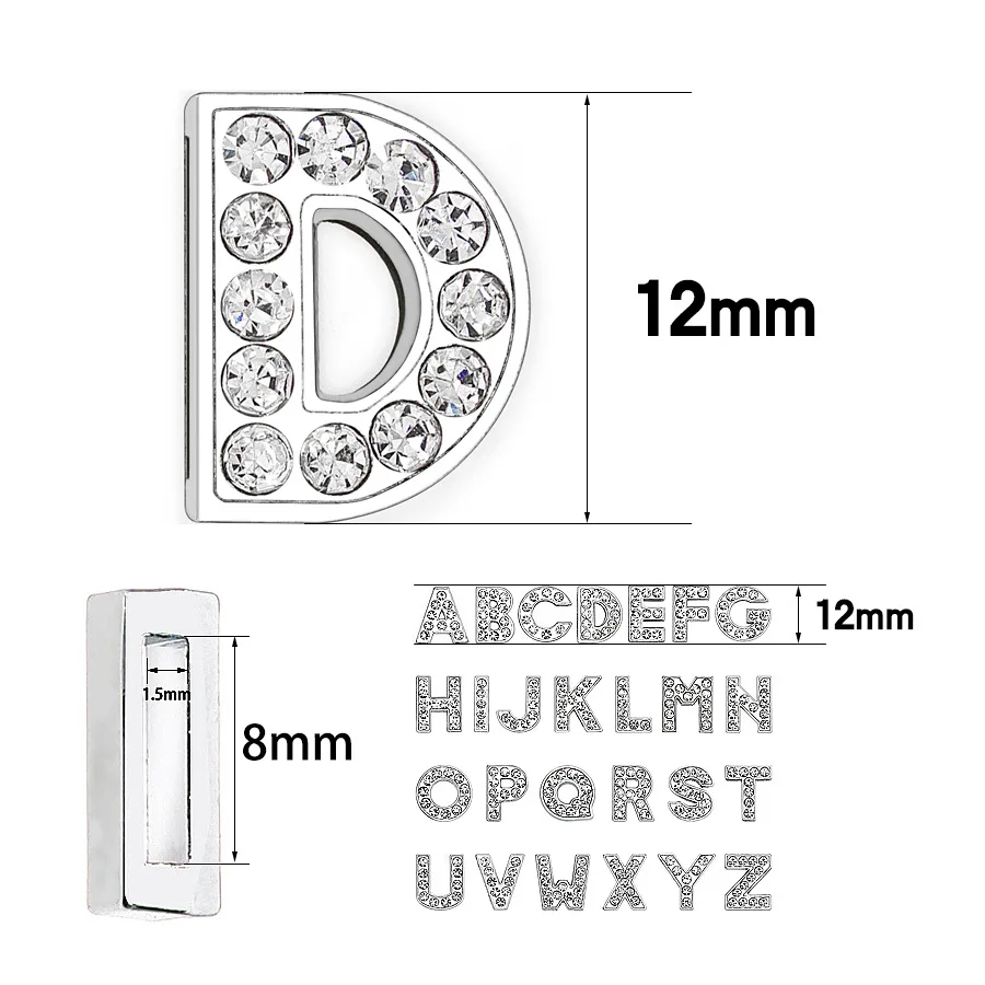 20PCS/lot Internal Dia. Hole 8MM Full Rhinestones Slide Letter A - Z Alloy English Alphabet Fit For DIY Charm Wristband Bracelet