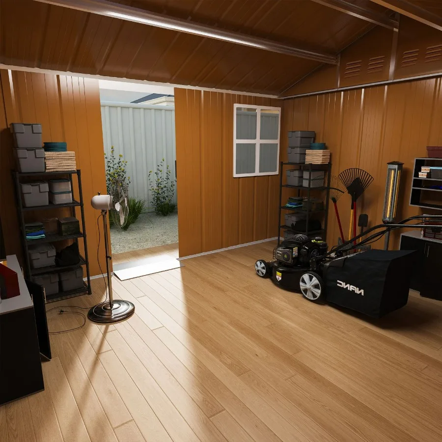 سقيفة تخزين معدنية شديدة التحمل مقاس 8 × 10 أقدام مع نوافذ قابلة للقفل وتهوية الباب ومقاومة للعوامل الجوية في الهواء الطلق لحديقة الفناء الخلفي