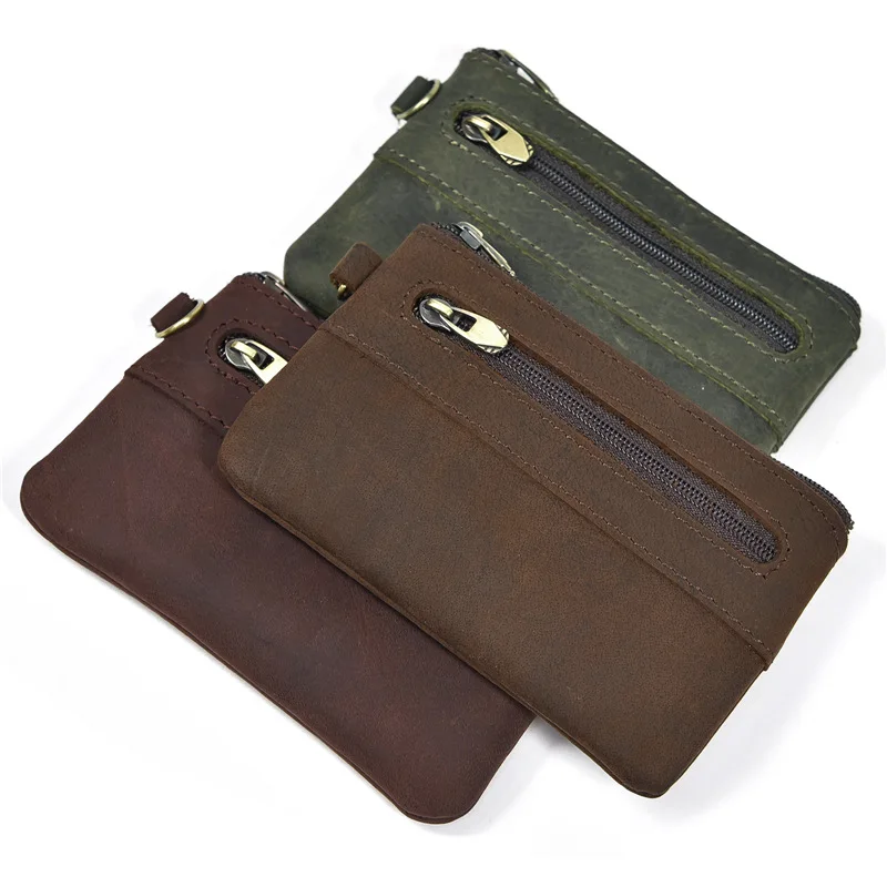 

Men's Crazy Horse Leather Change Bag Simple Handmade Card Bag First Layer Cowhide Zipper Small Money Bag Casual Wallet