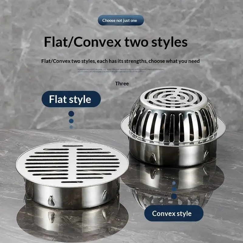 【S】Stainless Steel Floor Drain Flat Dome Designs Roof Round Anti-Blocking Rust Proof For Bathroom Kitchen Outdoor Use