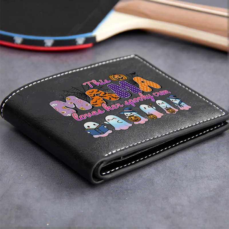 This MAMA Loves Her Spooky Crew Halloween Ghosts Design PU Leather Men's Compact Wallet Lightweight Durable Business Style