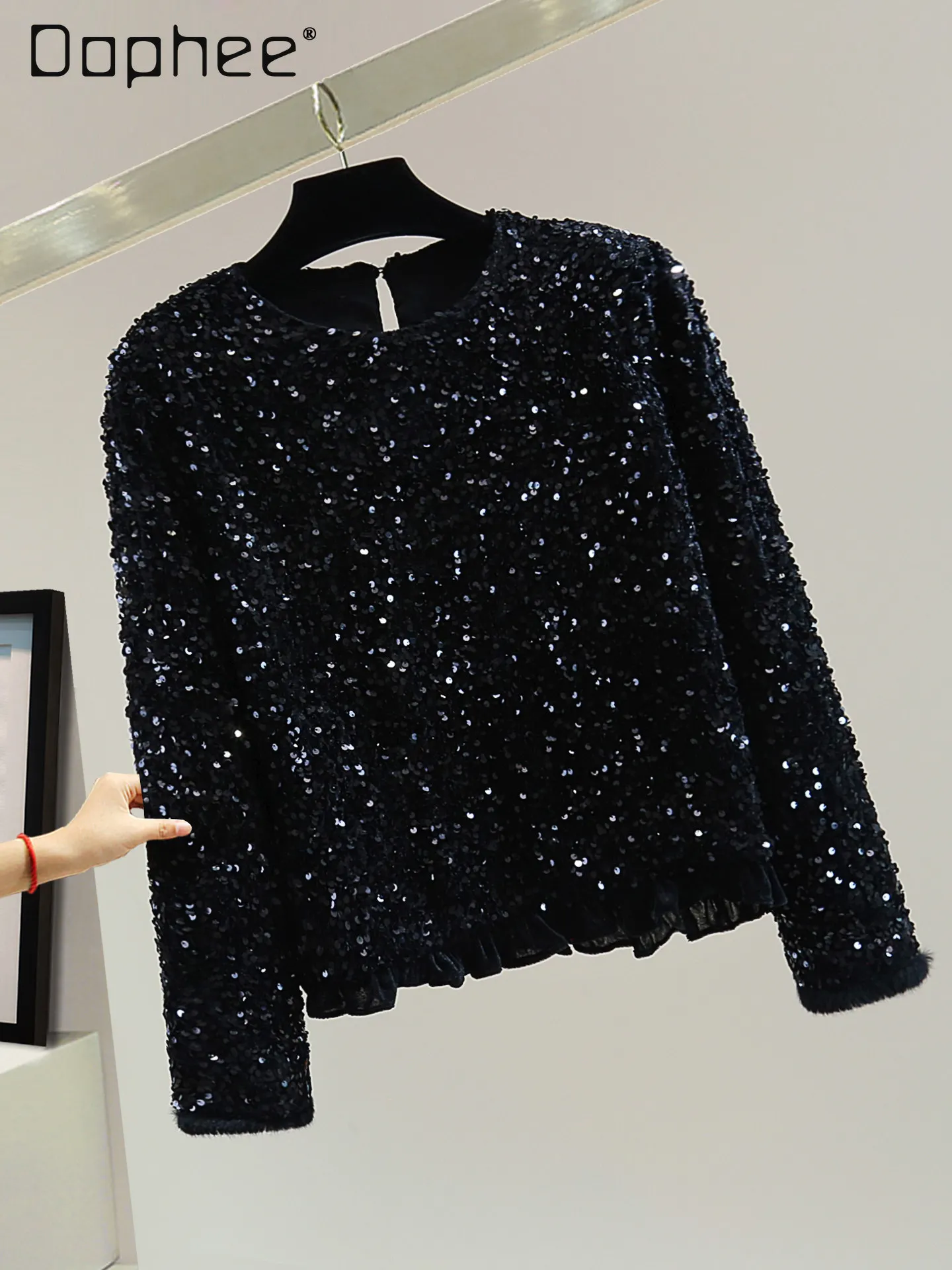 

Женский топ с рюшами и пайетками, вельветовый, с длинным рукавом, круглым вырезом, весна 2026, новинка, тяжелая отделка, плюшевый, свободный крой, приталенный