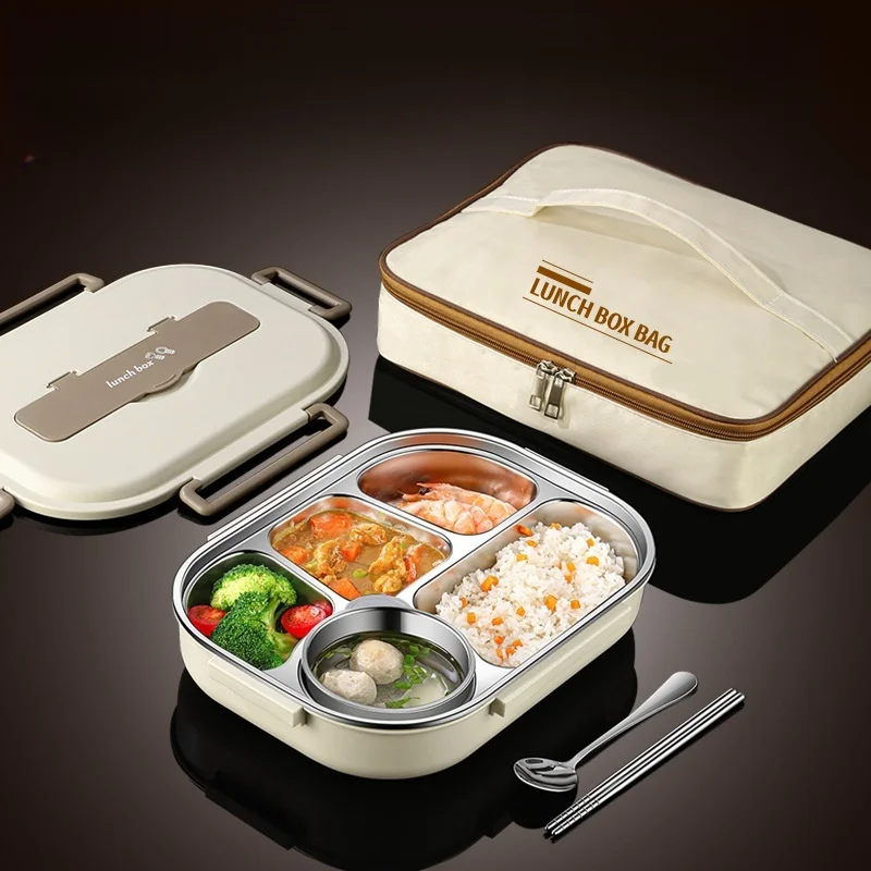 

304 Stainless Steel Insulated Lunch Box Office Workers Sealed Portable Lunch Box with Bag Students Kids Commercial Bento Box Set