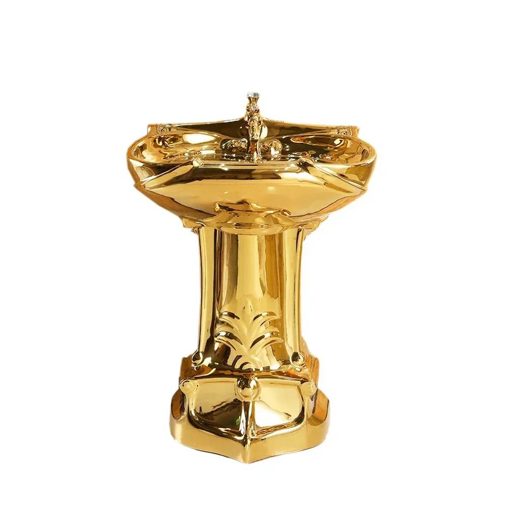 Western style plating pedestal sink nice floor standing ceramic gold wash basin