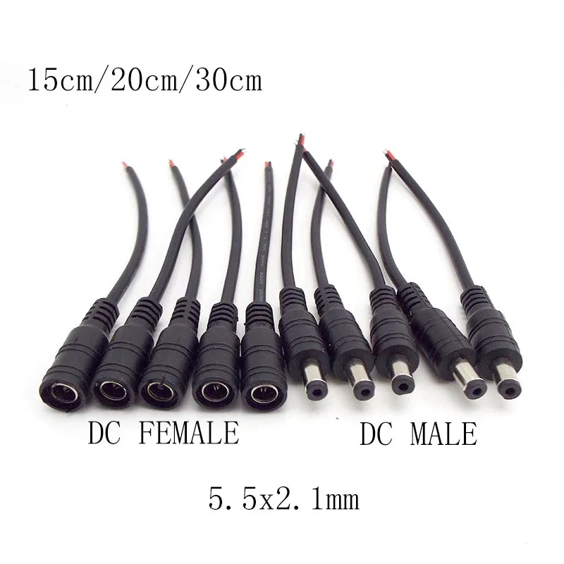 

15/30cm 2pin wire DC Male Female jack plug 22awg Power supply Connector Pigtail Cable 12V 5.5x2.1mm adapter plug For strip CCTV