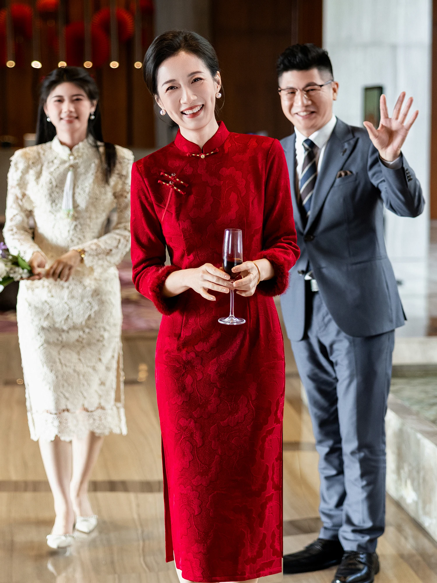 

Red Wedding Dr Autumn Winter Materni Coat Outerwear Long Sve Warm Fce Lined Pure Color for Mother of the...