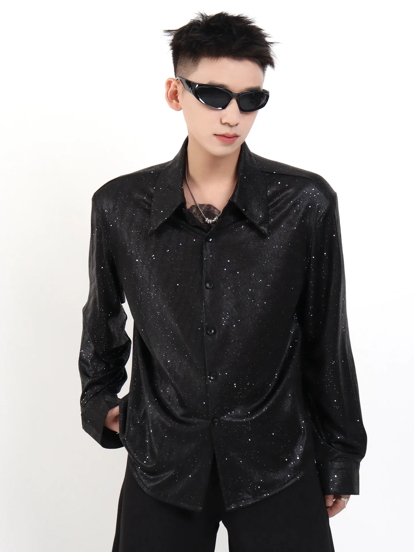 Fashion Blingbling Sequined Long-sleeve Shirts Men's 2025 Autumn New Starry Sky Handsome Shoulder Padded Tops Trendy Male Shirts