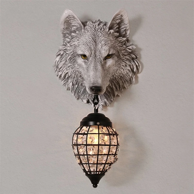 

Resin Crystal Wolf Wall Lamps Vintage Wall Sconce Light Fixtures Living Room Bedroom Loft Industrial Home Art Decor Led Light
