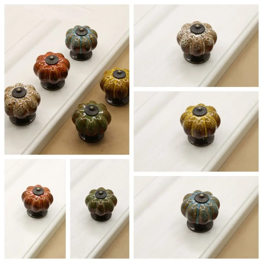 

Retro Single Hole Ceramic Pumpkin Handle European Style Leopard Pattern Door Pull Handles Round Vintage Drawer Knobs Bookcase