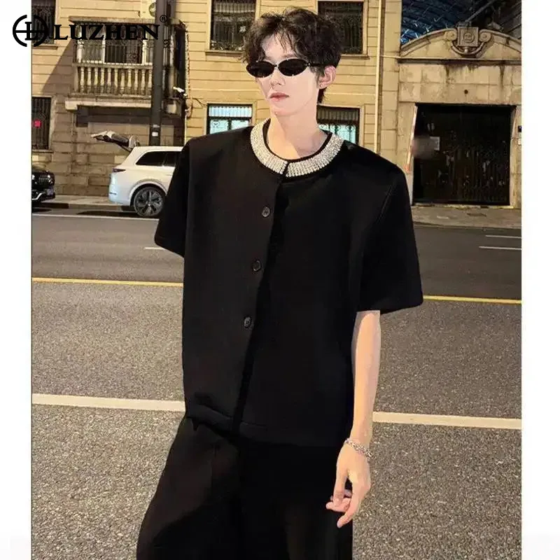LUZHEN Sleeve Luxury Elegant Diamond Patchwork Neck Design Short Blazer Coat Men 2026 Summer Korean Shoulder Pad Clothes JY8890