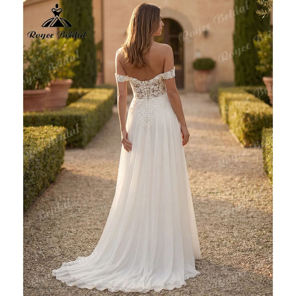 Off The Shoulder A Line Wedding Dress 3D Leaf Lace Appliques Chiffon Back Button Bohemian Bridal Gown With Sweep Train Customiz