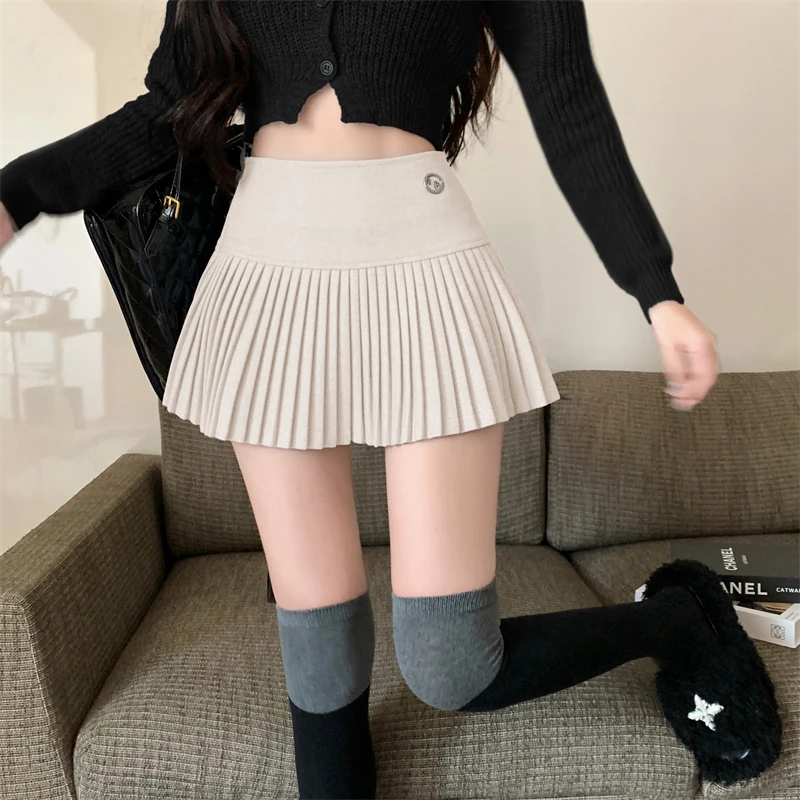 

ay Woolen High Waist Pleated Skirt Women's Autumn Winter ort A-Line Skirt Korean Sle Commute Faion College Sle