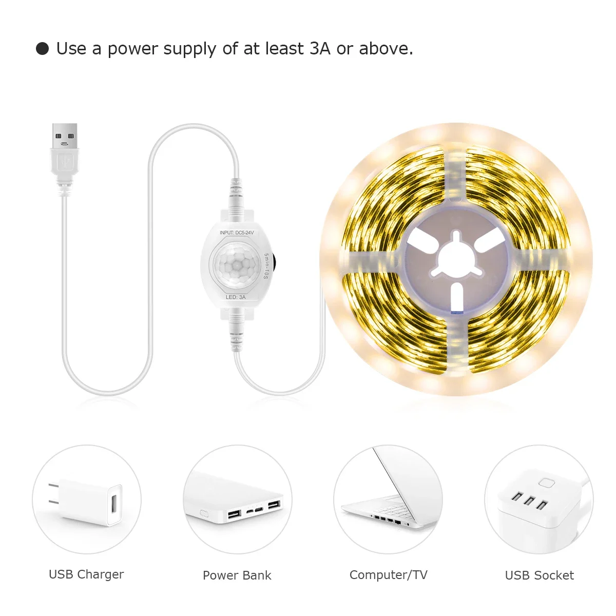 USB 5V LED Strip Light Waterproof SMD2835 With Sensitive PIR Motion Sensor Delay Time Adjustable For Kitchen Bedroom Corridor