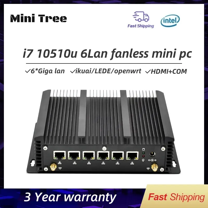Fanless 6xLan Mini PC Firewall Appliance/Proxmox Mini Server/Thin Client Host Core i7-10510U 8569U i5-10210U DB9 RS232 4G SIM