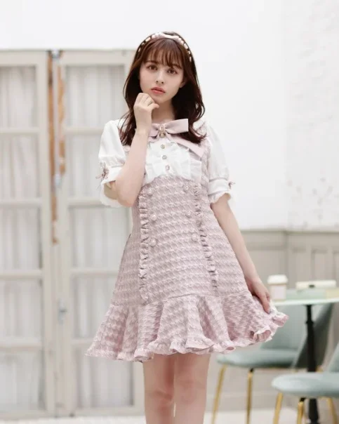 Japanese Mine Style Mass-Produced Sweet Girl Waist Dress Spring and Summer New Grid Slim Belly Covering Shorts Dress for Women