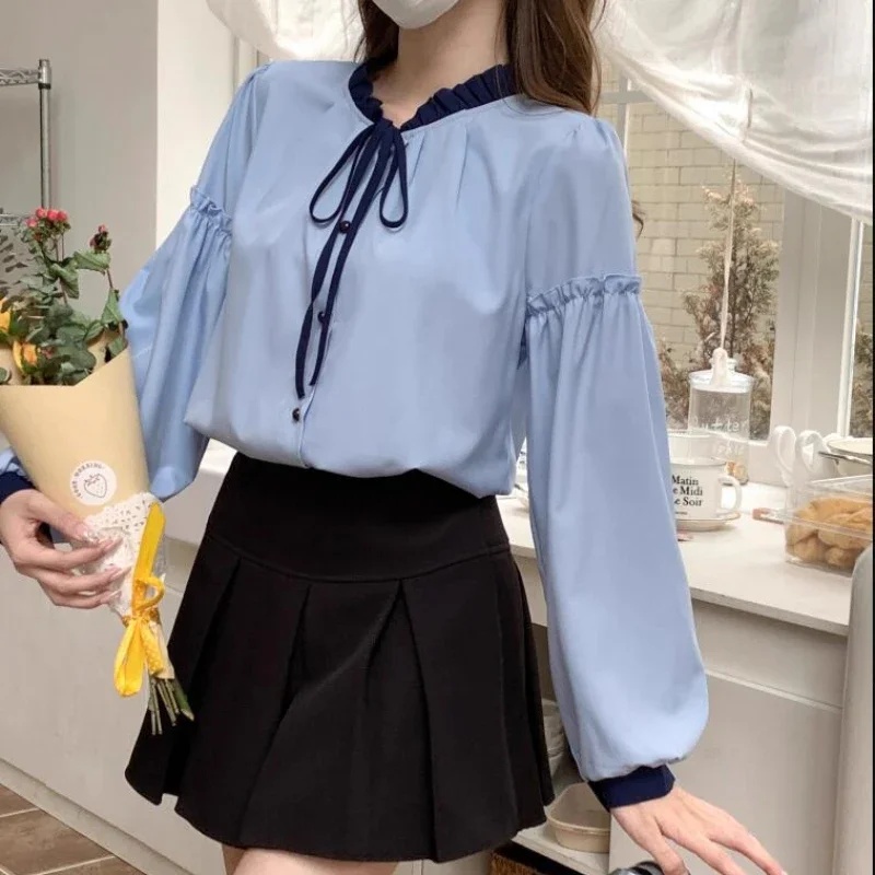 Francês doce camisas femininas o-pescoço rendas puff manga retalhos all-match estilo preppy topos jovem blusas macias feminino ins