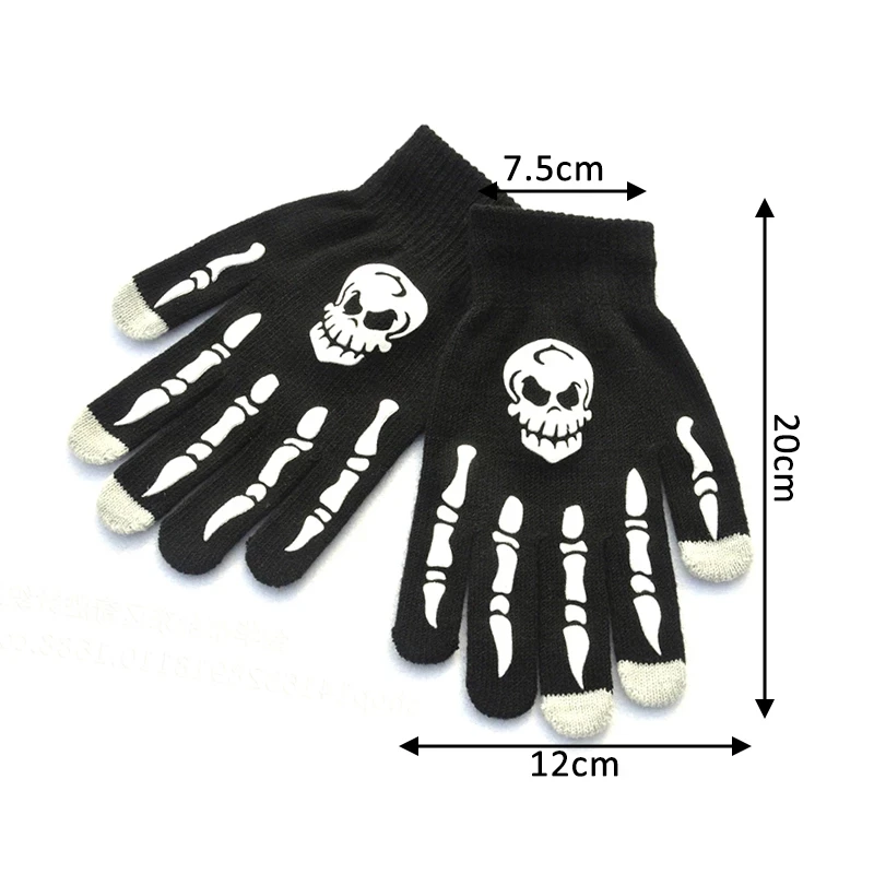 Black Halloween Supplies Luminous Gloves Winter Hand Warmer Anti-Slip Horror Hand Bone Skull Grimace Mitten Unisex Knitted Glove