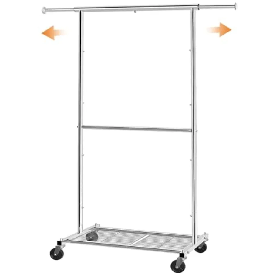 

Standard Clothing Garment Rack, Rolling Clothes Organizer with Wheels and Bottom Shelves, Extendable, Chrome