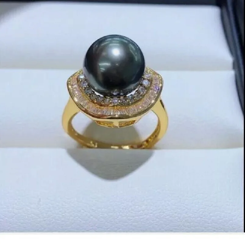 

New Gorgeous AAAA10-11mm south sea ROUND Black pearl ring 925s