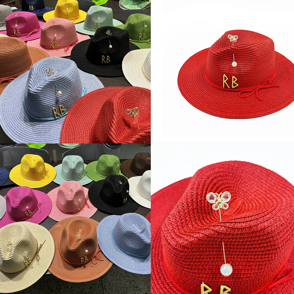 

Women's summer metal RB letter straw hat Nama Jazz hat fashionable and elegant women's outdoor vacation beach sun hat sun hat모자
