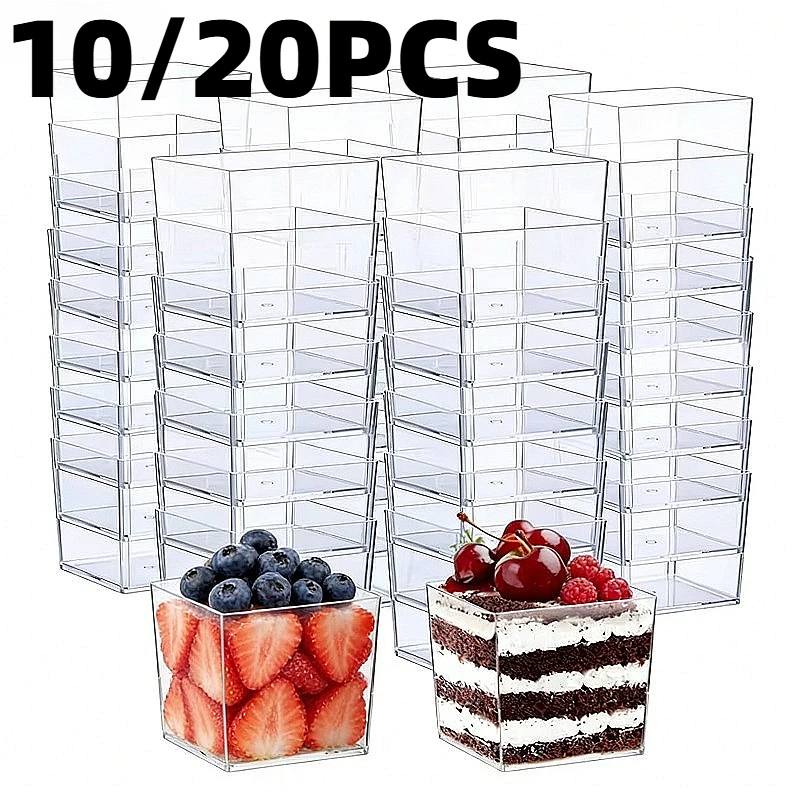 Taza de plástico desechable, tazas cuadradas para postre, boda, fiesta de cumpleaños, Mousse, pastel, postres, contenedor de helado para fiesta, 10/20 piezas