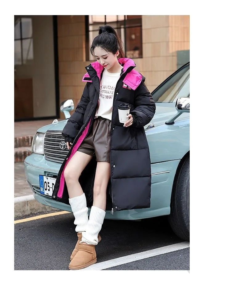 Long Hooded Puffer Coat Women Contrast Collar Warm Quilted Parka Zip‑Up Loose Windproof Winter Outerwear Ladies Padded Jacket