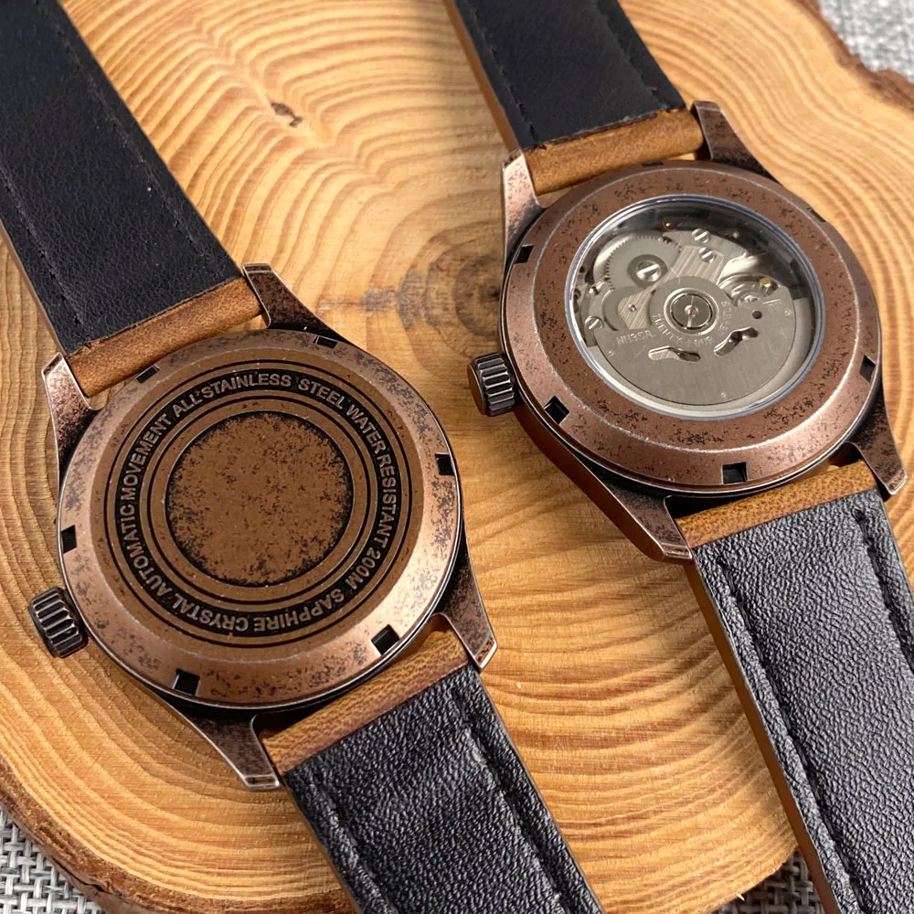 Tandorio 39mm Pilot Orologio meccanico automatico rivestito in bronzo stile vintage NH35A/PT5000 Movimento 200m Vetro zaffiro impermeabile