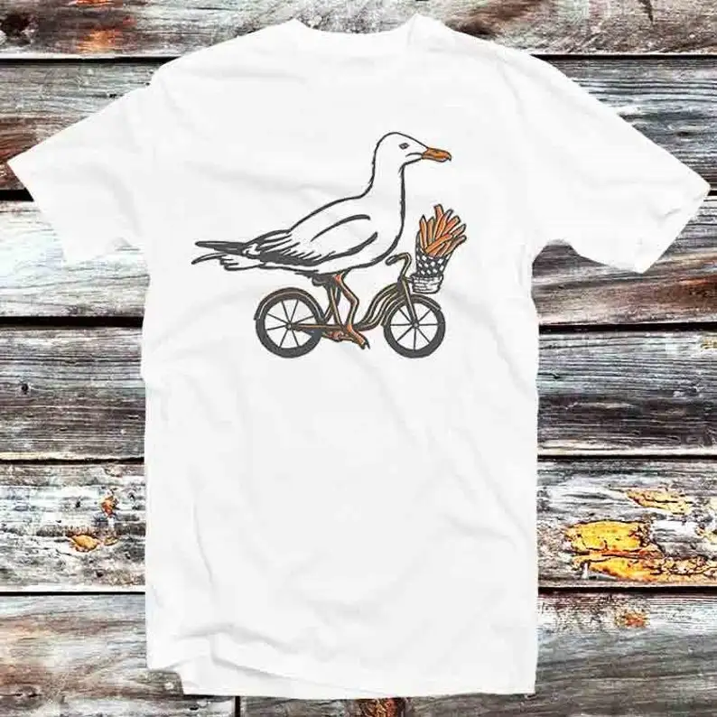 Seagull On Bike Bird Fries Cycle Parody T Shirt Vintage Retro Cool Gift Unisex Cartoon Anime Manga Top Tee B1322