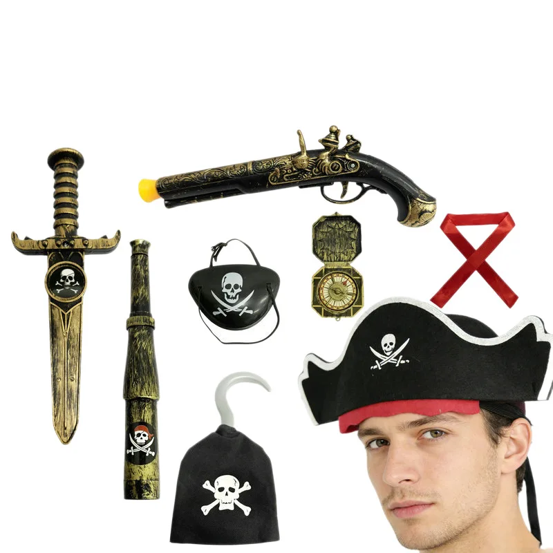 Accesorios de Disfraz de Pirata, 8 Piezas: Parche para Ojo, Gancho, Pistola, Espada, Brújula, Telescopio, Parche para Ojo, Accesorios para Fiesta