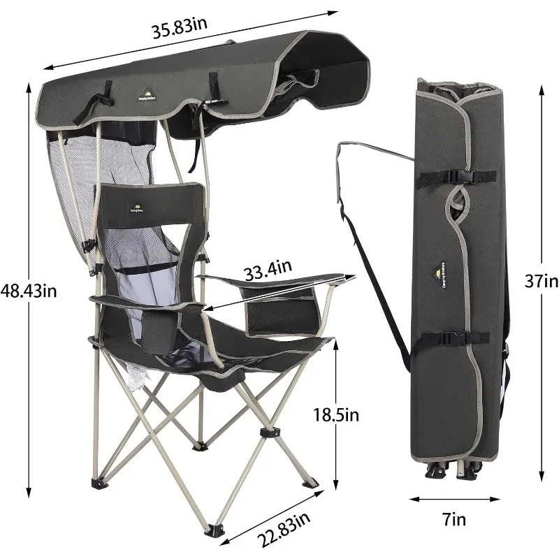 Camping Chair with Shade Canopy - Outdoor Folding Patio Chairs - Includes Retractable Sun Shade, Cup Holder