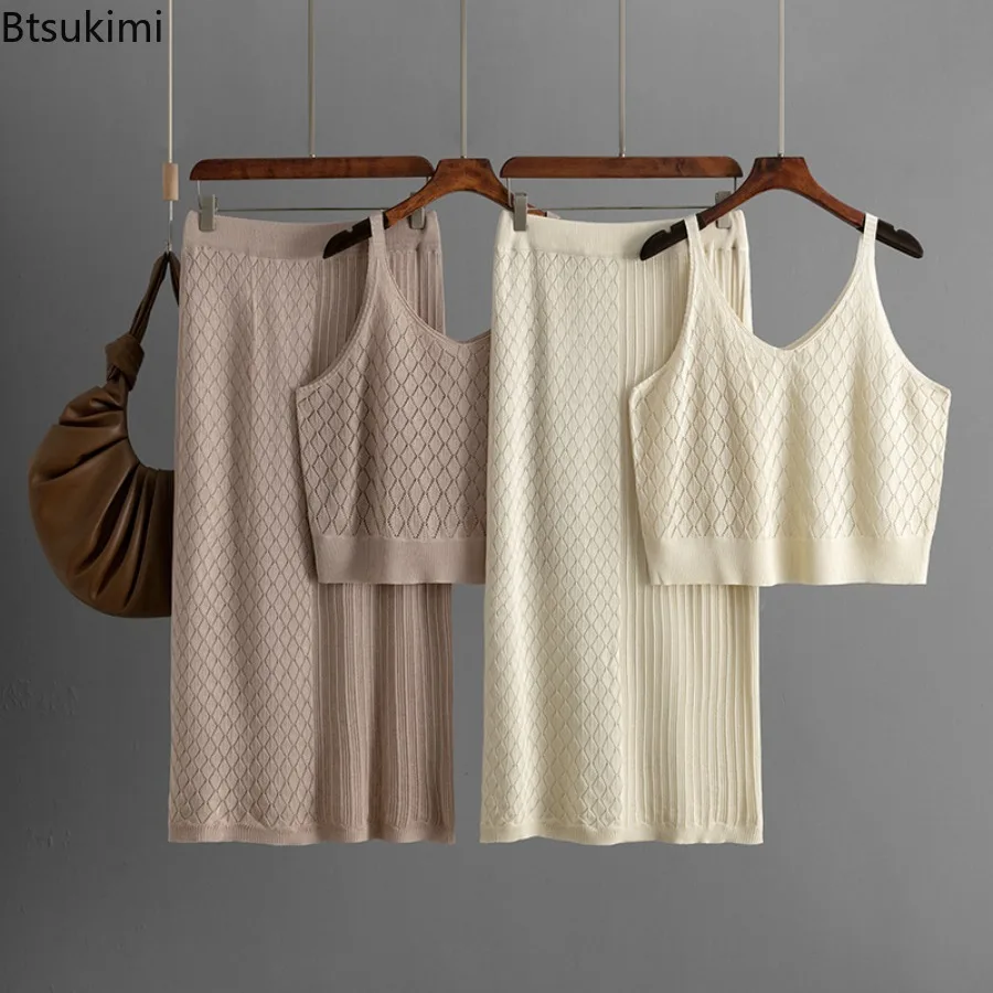 

Summer Knitted Skirts and Tops Two Pieces Woman 2 Piece Sets Sexy Hollow Out Suit Crop Camis Beach Outfits Women Skirts Sets