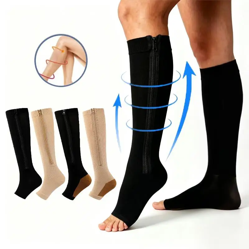 【OD】1 Pair Zipper Compression Socks For Women Men 15-20 MmHg Closed Toe Knee High Support Sock Legs Prevention Socks