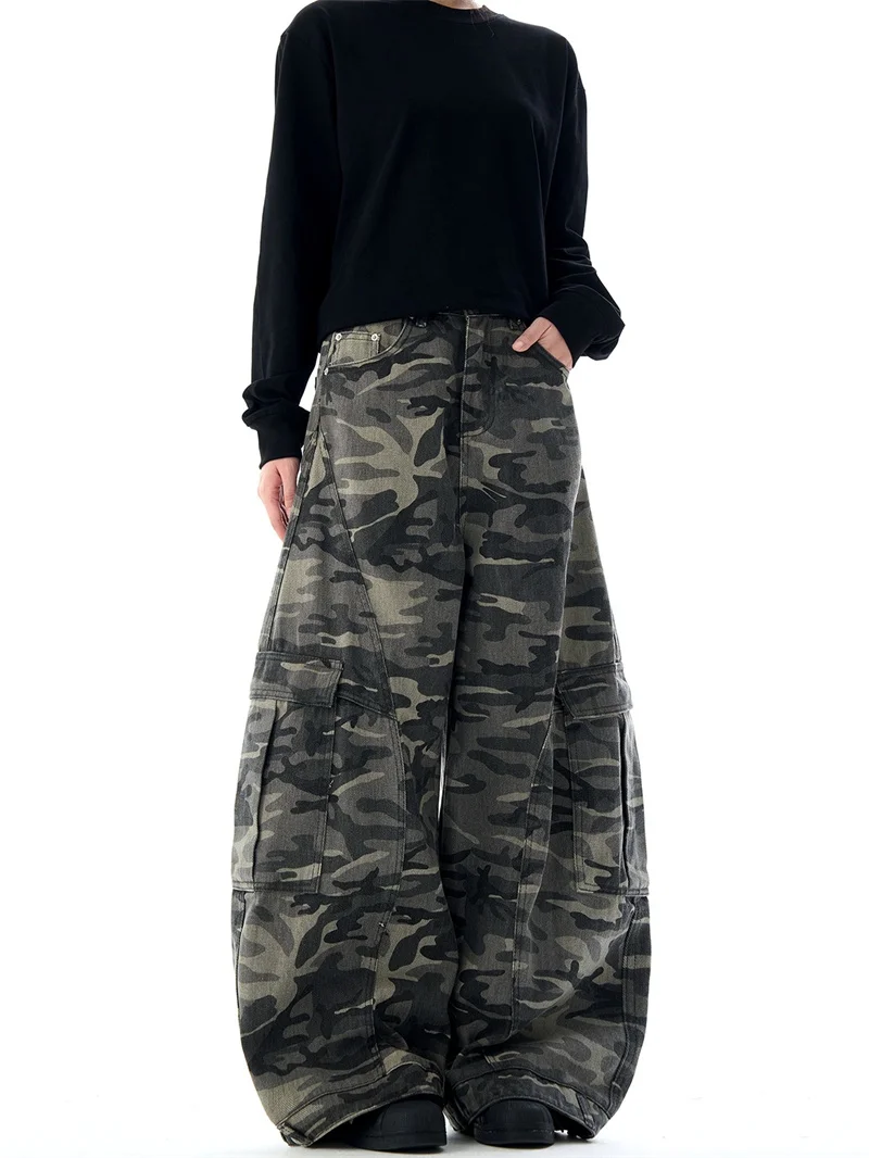 Retro American Camouflage Wide Leg Workwear Pants Men's Loose Design Sense Faded Knife Jeans Casual Youth Popular Denim Jeans