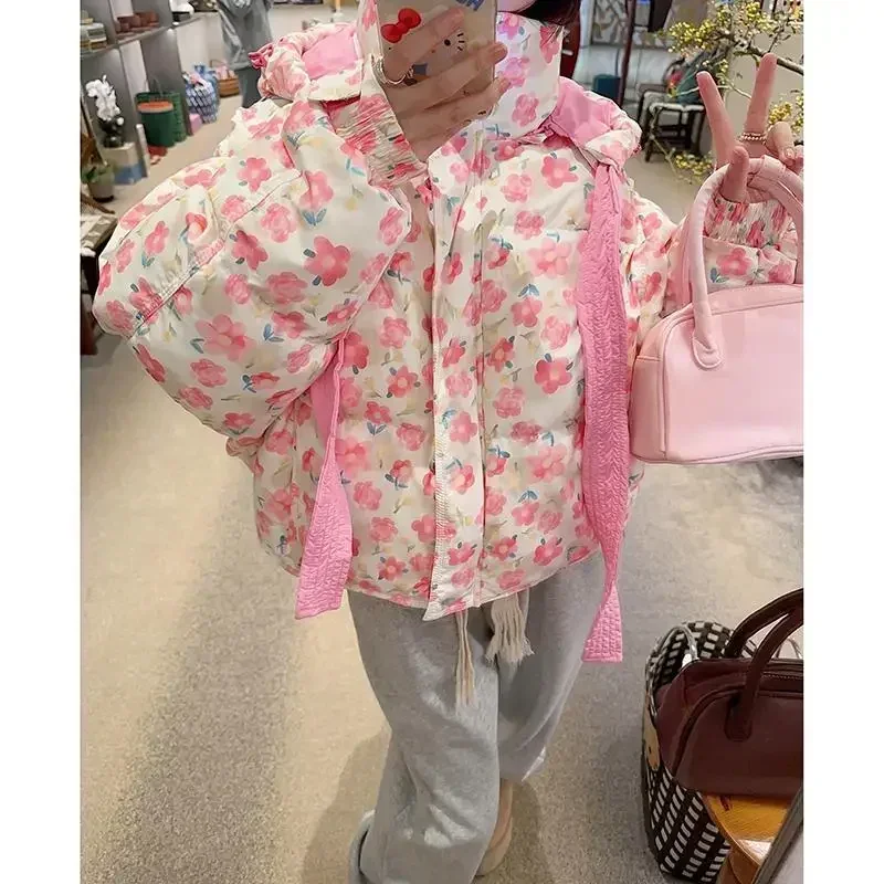 Kimotimo Winter Flower Printed Quilted Coat Women Korean Sweet Hooded Thick Warm Short Bread Jacket Fashion Casual Parkas Tops