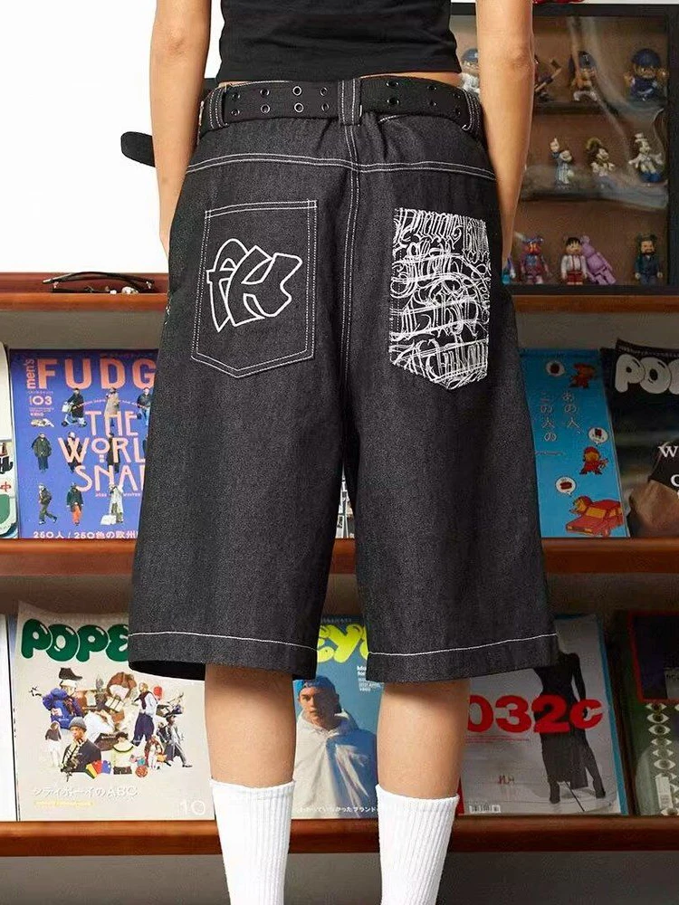 

Большие джинсовые шорты с вышивкой для женщин, летние спортивные свободные широкие брюки в стиле американского ретро в стиле хип-хоп, брюки шести четвертей
