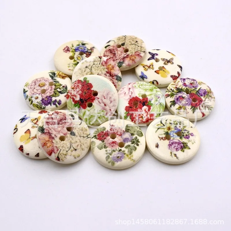 20-mm-Holzscheibenknöpfe, 50 bemalte bedruckte Holzknöpfe pro Packung