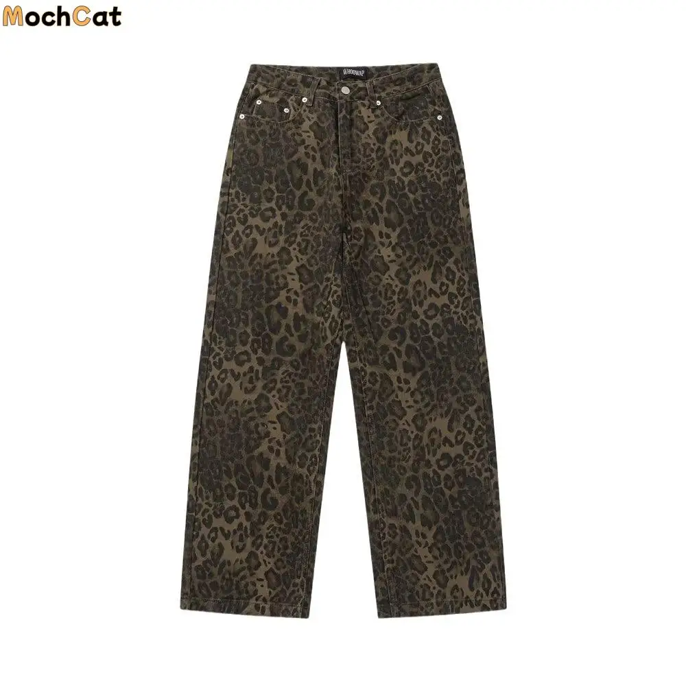 

Fashion Baggy Leopard Print Jeans Wide Leg Retro Jeans Women Y2k Straight Leg Ins Style High Waist Pants Lady