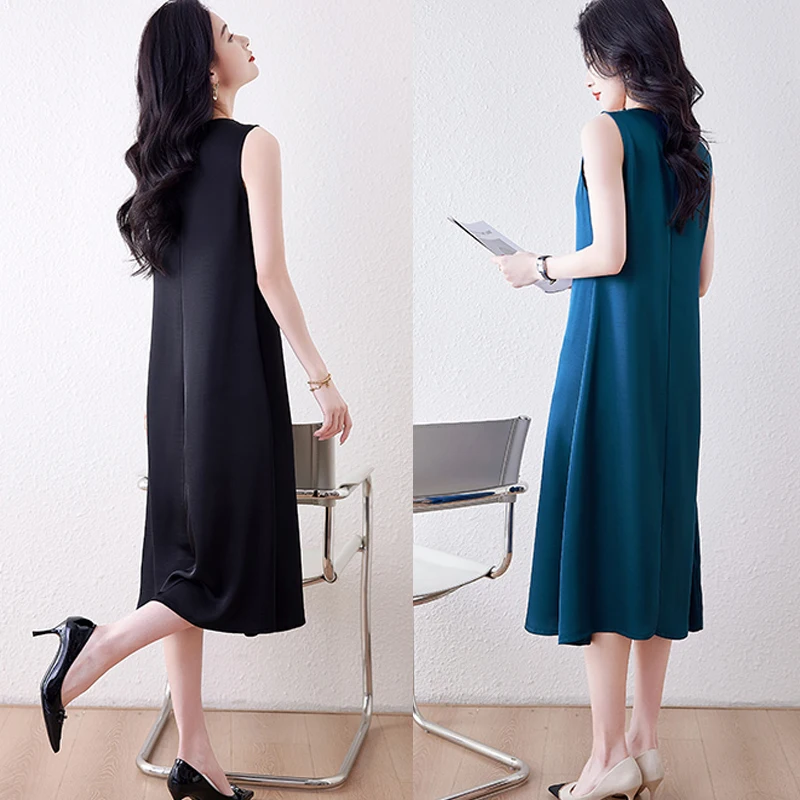 2025 Donne eleganti vestono sexy scollo a V senza maniche coreano allentato raso partito lungo abito nero casual abito a canotta Vestido Mujer