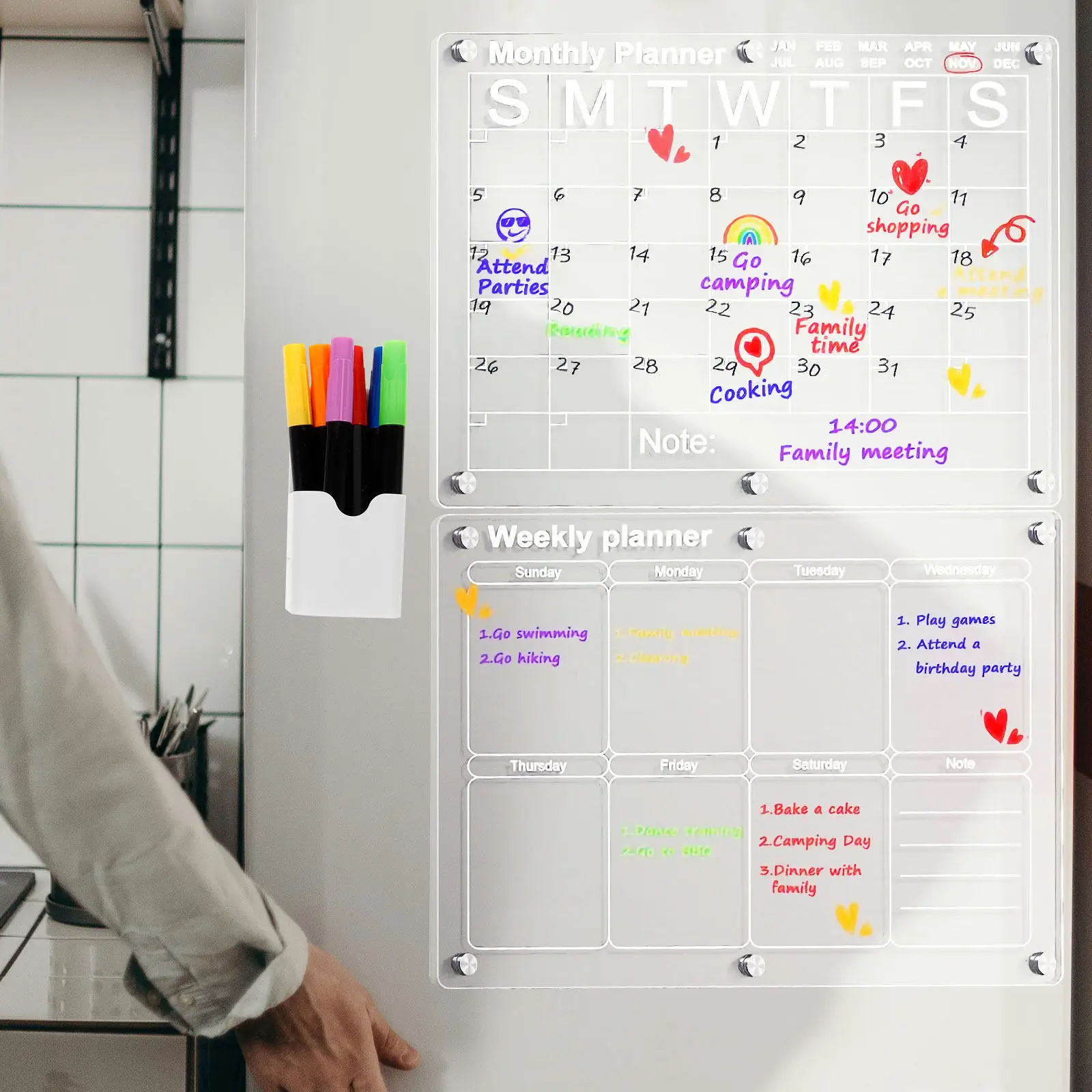 

1Set Magnetic Acrylic Calendar Board for Fridge Transparent Monthly Weekly Dry Erase Planner with Memo Notes Clear Fridge