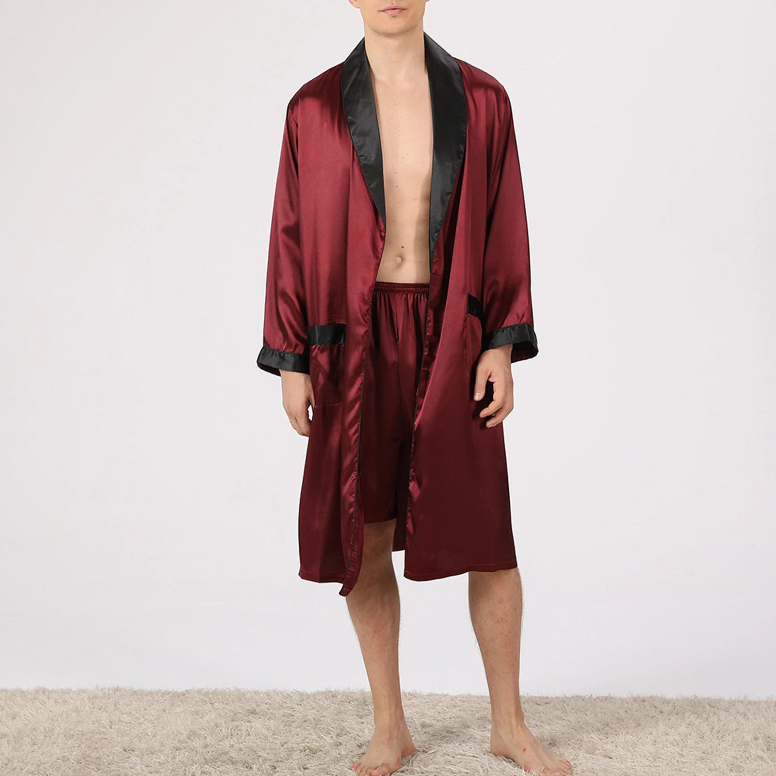 Douhoow Men Pajama Set Summer Male Long Sleeve Open Front Robe with Shorts and Belt Sleepwear Loungewear