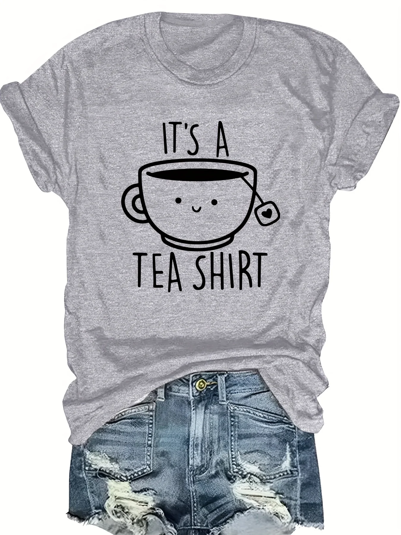 Women'S Casual Crew Neck T-Shirt Fashion Tee with "It's A Tea Shirt" Alphabet Cartoon Teacup Pattern Printed Summer Clothing image 4