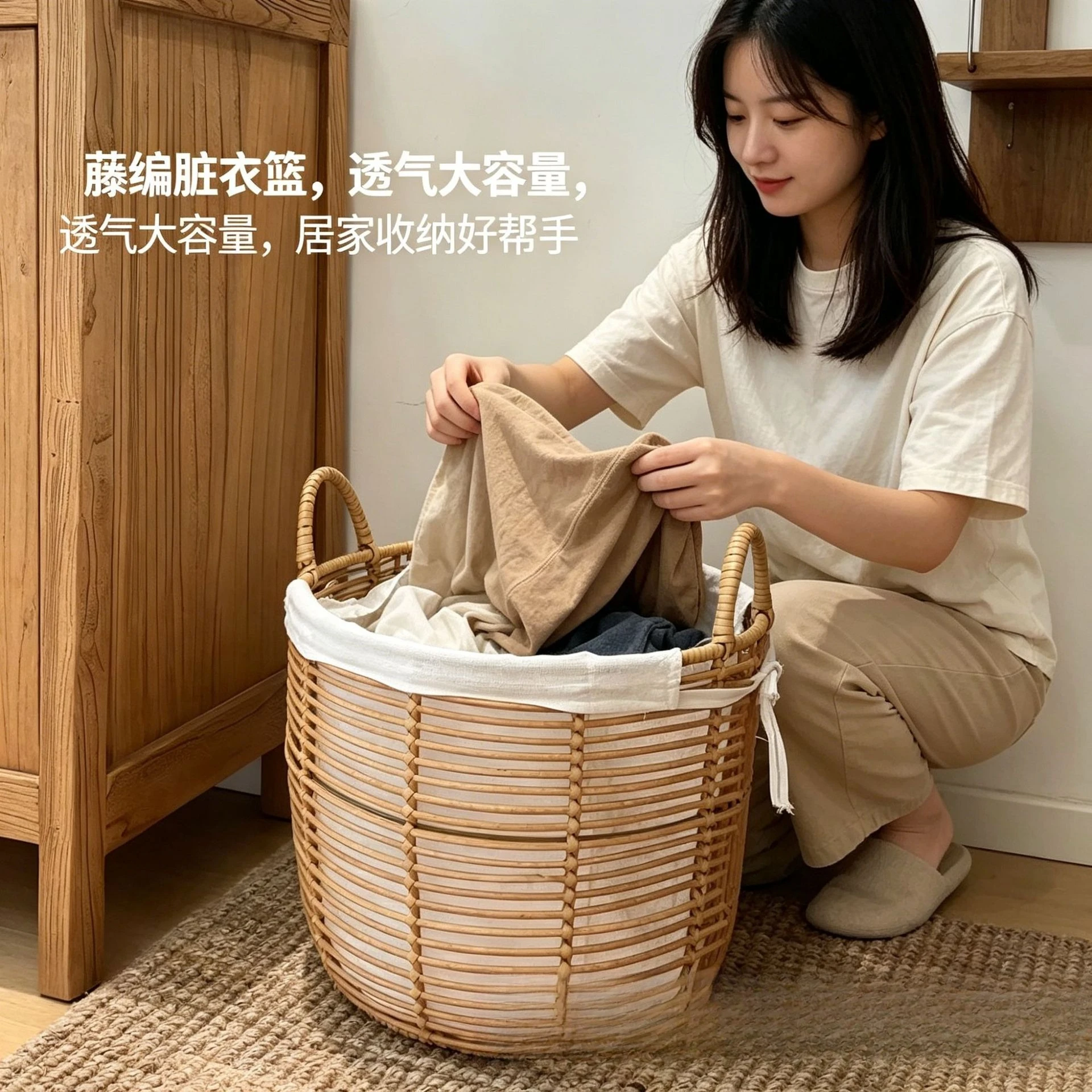 Imitation rattan woven dirty laundry basket, bathroom portable lidless laundry basket, country-style floral weaving