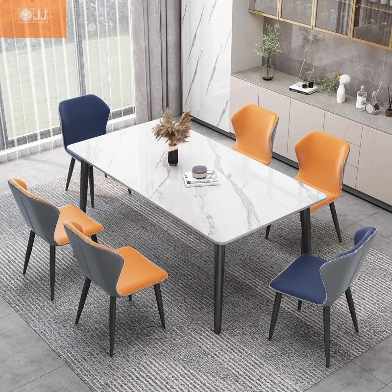 

Rectangle household small apartment restaurant dining table combination rock slab dining table and chair combination light