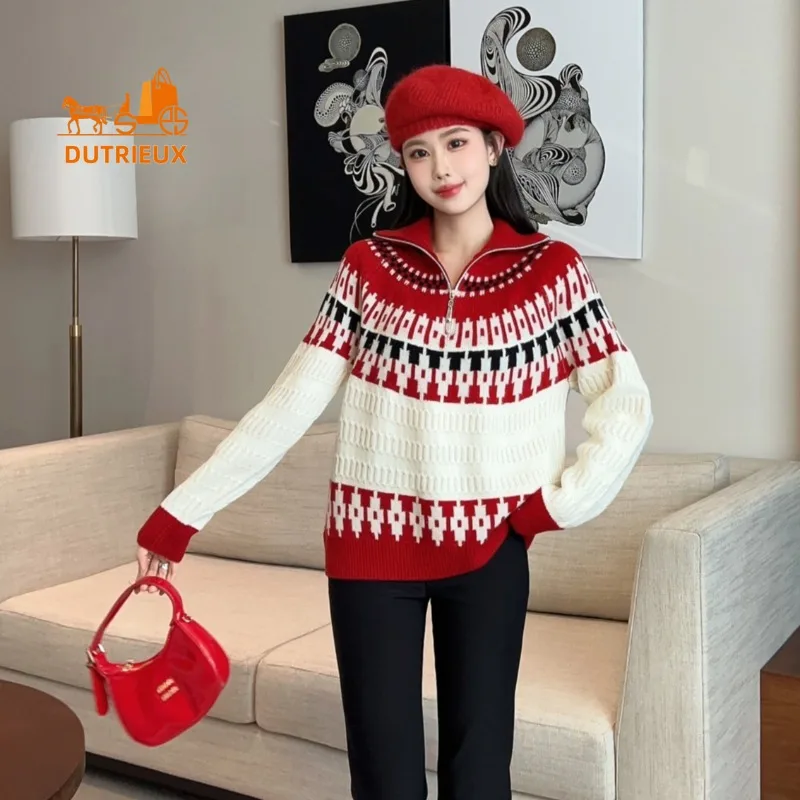 Neue Winter Pullover für Frauen Retro Mode Kurze Stehkragen Wolle Gestrickte Pullover für Weihnachten Farbe Passenden Warme Frauen Party