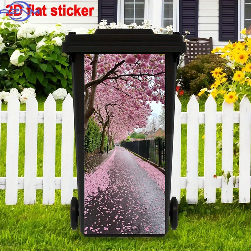 Cherry Blossom Trash Can Stickers Painting, Springtime Self-Adhesive Stickers, Pink Trees Trash Can Stickers, Scenic Path Wall
