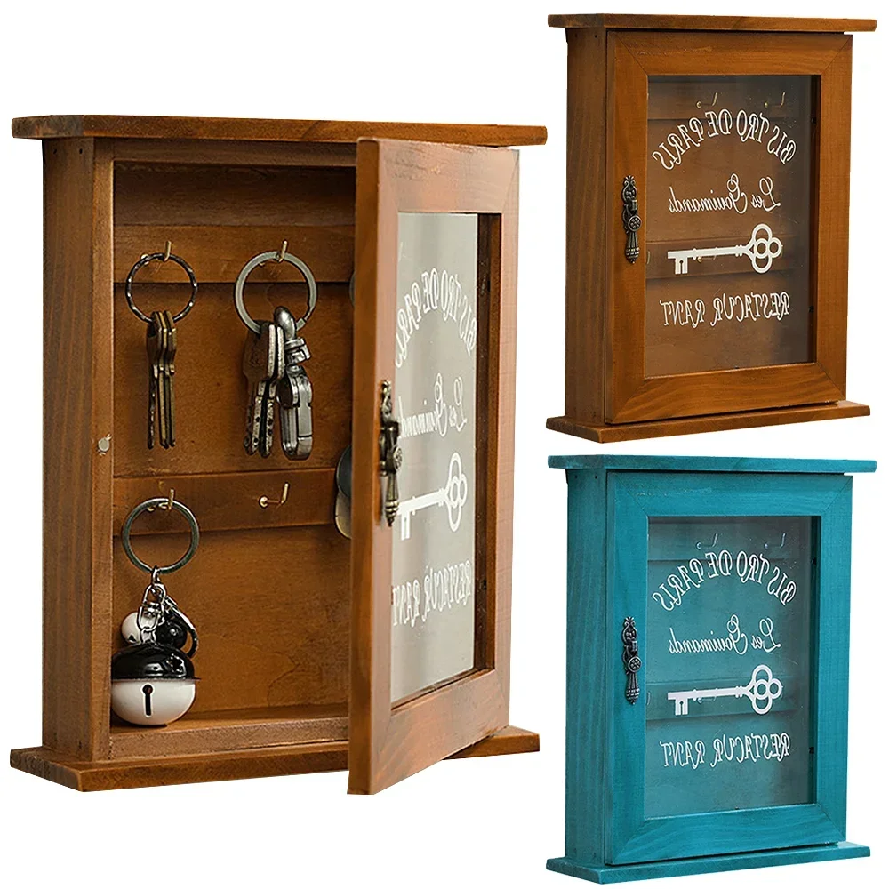 Boîte de rangement de clés en bois Vintage, à accrocher au mur, armoire de garde-robe bleu marron, porte-clé avec crochet, décoration murale