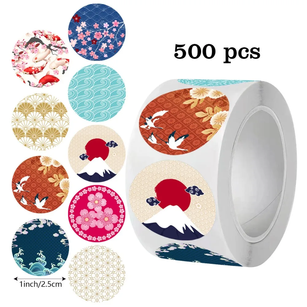 500Pcs Roll Type Round Floral Stickers Japanese Style Self Adhesive Labels for Gift Sealing Decor