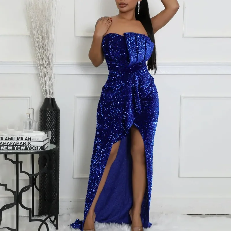 Full Dress Women Party Long Dresses Split Slim Sequins Strapless Sleeveless Backless 2025 Sexy Vestidos Female Summer Maxi Gown