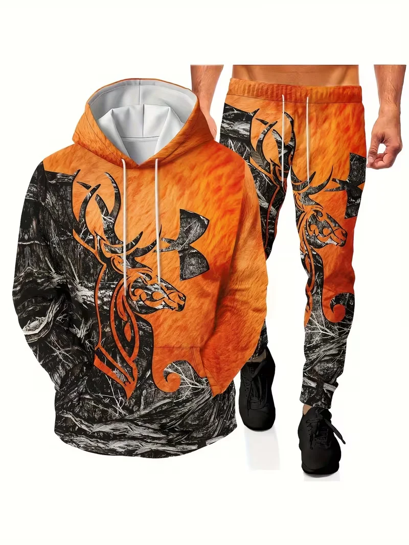 

Camouflage Hunting Deer Hoodie 2-piece 3D Camo Print Men's Sweatshirt Set Casual Sportswear Basic Sport Outdoor Tracksuit Outfit