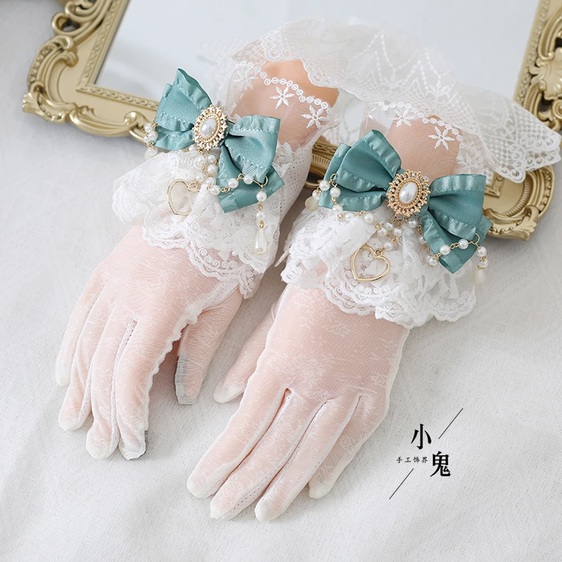 Guantes calados de encaje dulce para niñas, guantes finos de malla para ceremonia para mujeres, guantes sexis Punk Lolita